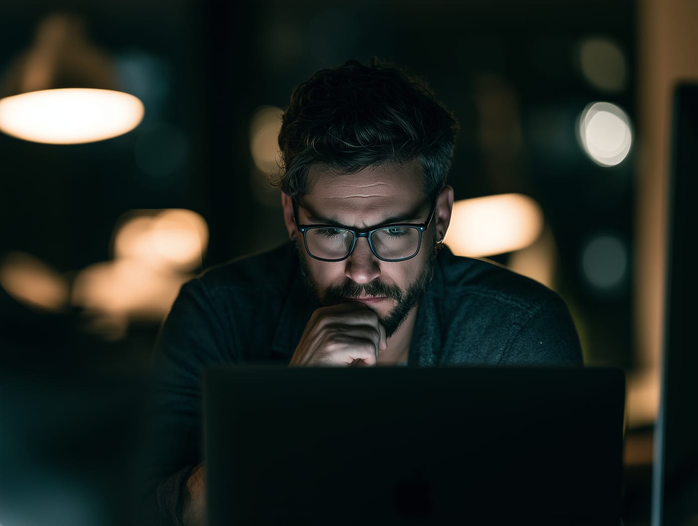 A lawyer working late, reading a screen lit in the dark.